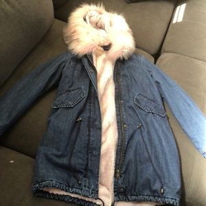 Denim faux fur parka